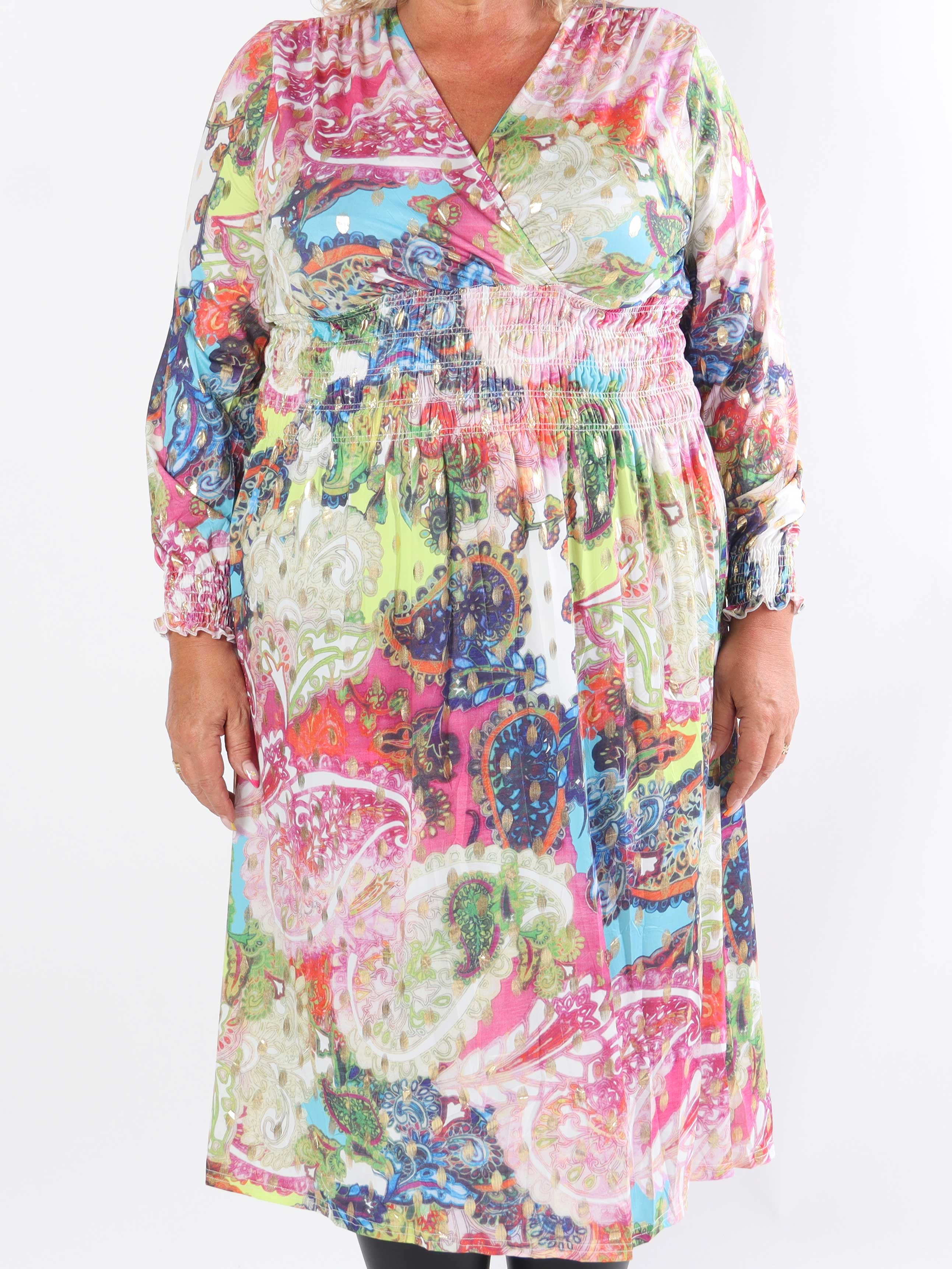 Pams Elements Midi L/S - Mönstrad klänning med resår i skrynkelfritt tyg